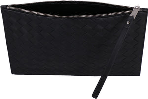 BOTTEGA VENETA Medium Black Calfskin Leather Clutch with Intrecciato Weave and Wrist Strap, 21x30cm