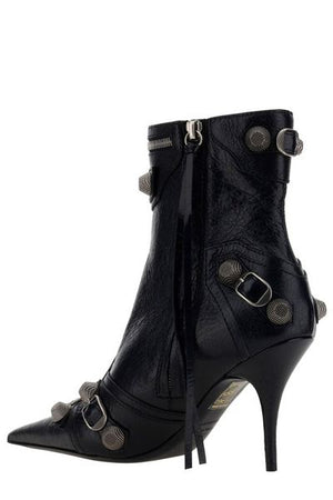 BALENCIAGA Studded Black Pointy Ankle Boots with Side Zip Closure and Stiletto Heels for Women