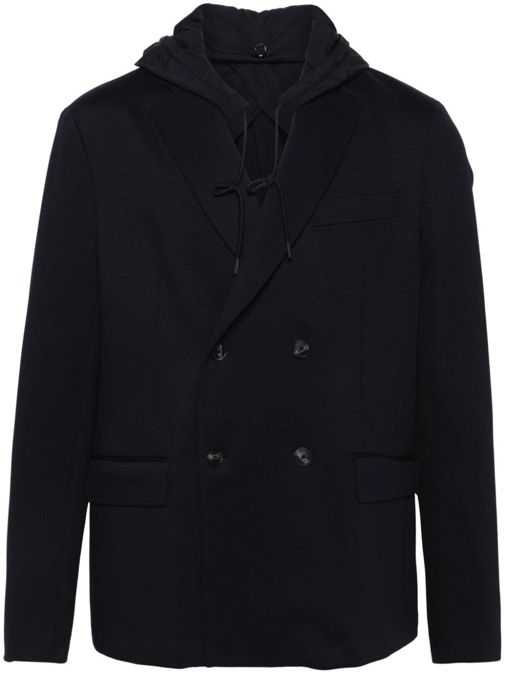 EMPORIO ARMANI Men's Wool Blend Double-Breasted Jacket with Detachable Hood