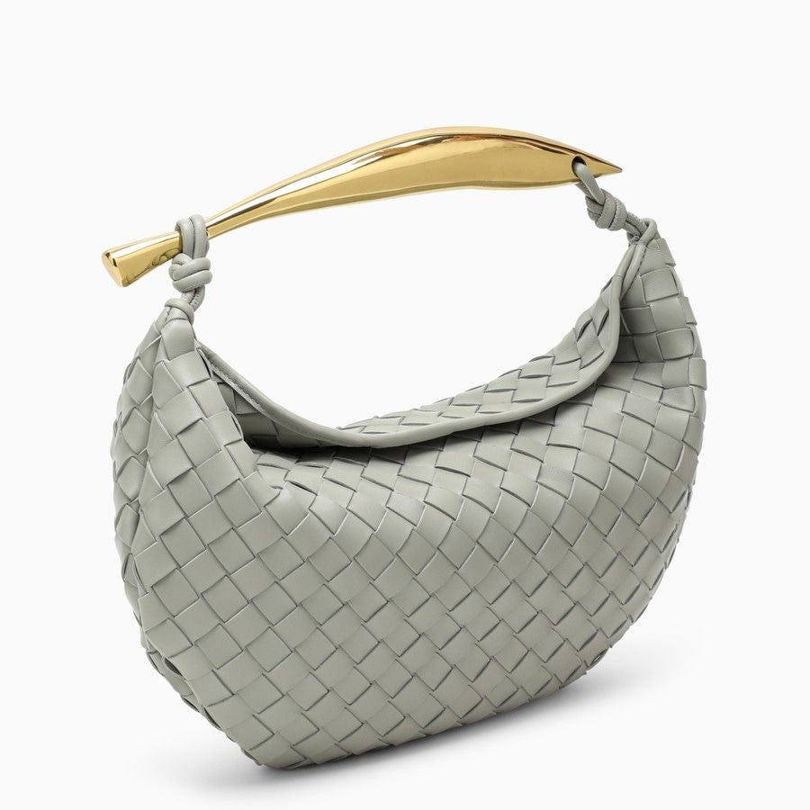 BOTTEGA VENETA Intrecciato Woven Gray Leather Mini Handbag with Gold-Tone Handle, Magnetic Closure – Women’s Fall/Winter 2023