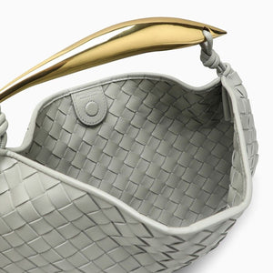 BOTTEGA VENETA Intrecciato Woven Gray Leather Mini Handbag with Gold-Tone Handle, Magnetic Closure – Women’s Fall/Winter 2023