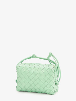 BOTTEGA VENETA Mini Loop Camera-Style Bag with Intrecciato Leather Design and Gold Tone Accents, Green