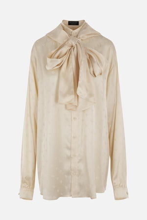 BALENCIAGA Oversized Ivory Viscose Jacquard Blouse with Hood and Bow Detail