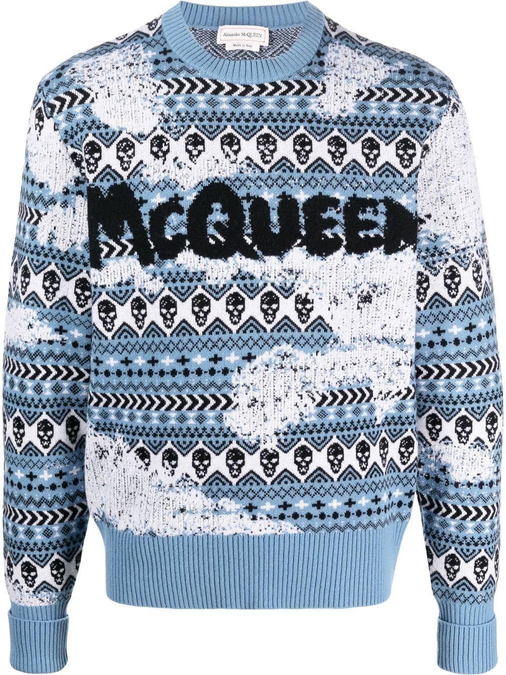 ALEXANDER MCQUEEN Men's Wool T-Shirt with Short Sleeves in Egg Shell Blue and Black