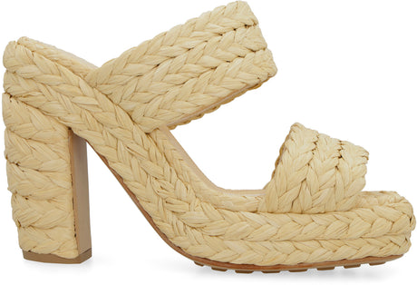 BOTTEGA VENETA Women's White Square Toe Raffia Sandals with Rubber Sole and Block Heel for SS23