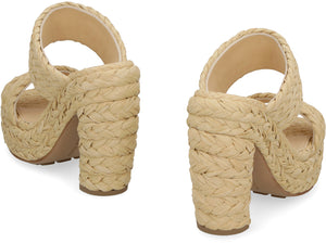 BOTTEGA VENETA Women's White Square Toe Raffia Sandals with Rubber Sole and Block Heel for SS23