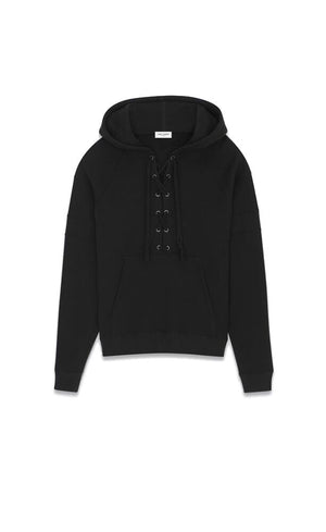 SAINT LAURENT Laced Hoodie for Men - FW23 Noir Cotton Sweatshirt