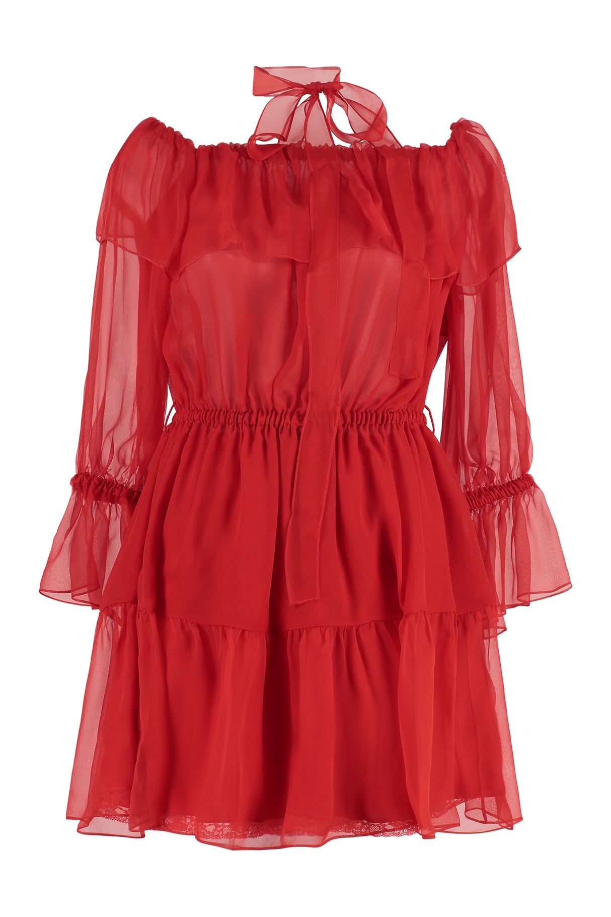 GUCCI Ruffled Chiffon Dress with Elasticated Collar and Silk Scarf