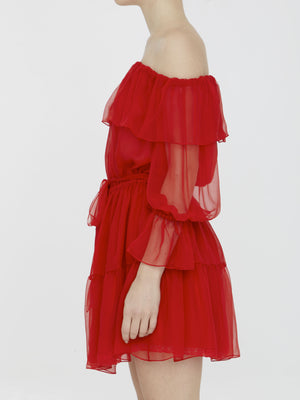 GUCCI Ruffled Chiffon Dress with Elasticated Collar and Silk Scarf