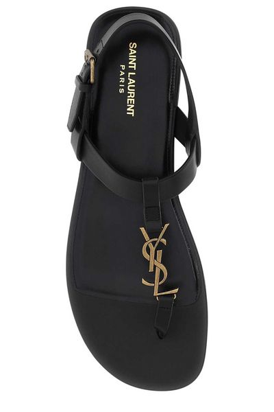 SAINT LAURENT Summer Style Upgrade: Men's Leather Logo Plaque Sandals in Classic Black