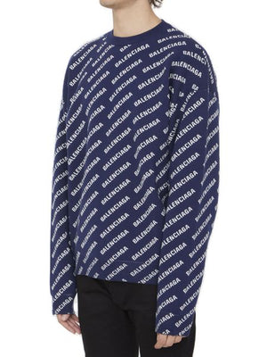 BALENCIAGA Blue All-Over Crewneck Cotton Sweater for Men (FW24)