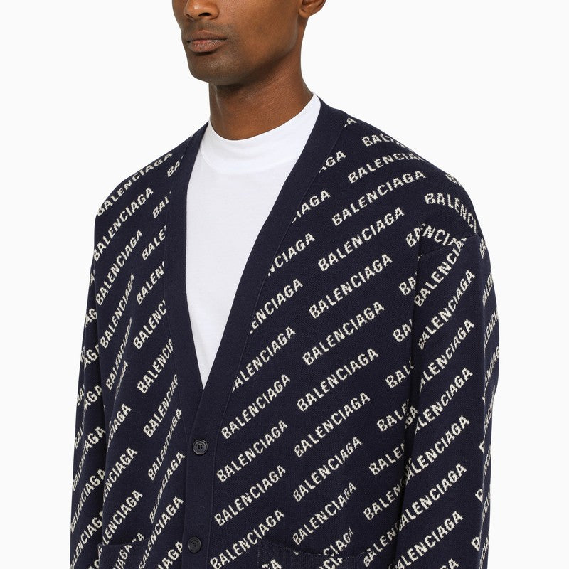 BALENCIAGA Navy Blue Jacquard Cardigan for Men