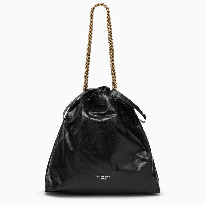 BALENCIAGA Black Calfskin Leather Medium Tote with Chain Strap and Gold-Tone Accents