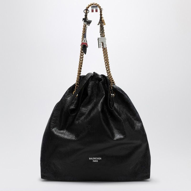 BALENCIAGA Crush Medium Black Leather Tote with Chain Strap