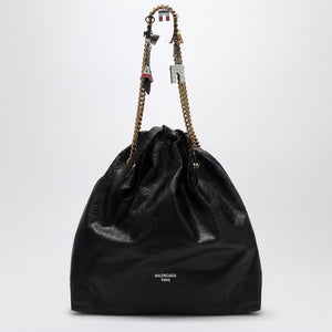 BALENCIAGA Crush Medium Black Leather Tote with Chain Strap