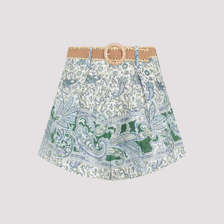 ZIMMERMANN Stylish High-Waisted Linen Shorts with Paisley Print and Raffia Belt