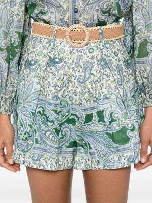 ZIMMERMANN Green Paisley High-Waist Linen Shorts