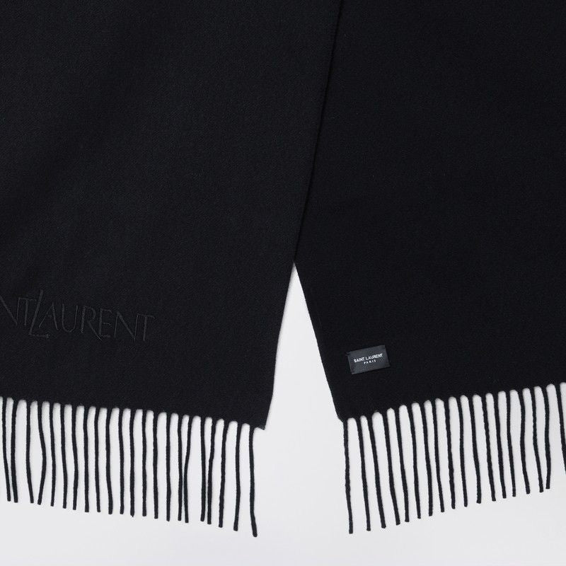 SAINT LAURENT Luxury Black Cashmere Scarf with Decorative Fringes