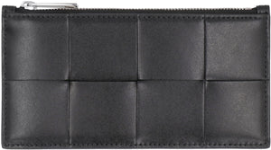 BOTTEGA VENETA Men's Black Leather Card Holder - Intrecciato Design, Silver-Tone Hardware