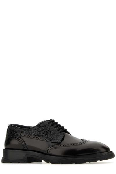 ALEXANDER MCQUEEN Black Leather Lace-Up Shoes for Men with English Perforations, Round Toe, and Rubber Sole