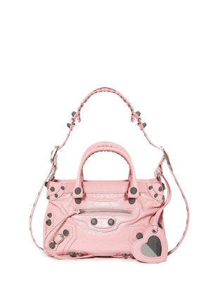 BALENCIAGA Pink Leather Handbag with Antique Silver Finishes and Braid Details