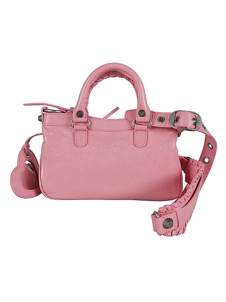 BALENCIAGA Women's Neo-Pink Lambskin Mini Trapezoidal Shoulder Handbag with Antique Silver Accents and Convertible Strap