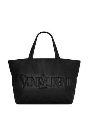 SAINT LAURENT Men's Black Leather Tote Handbag with Logo Detail