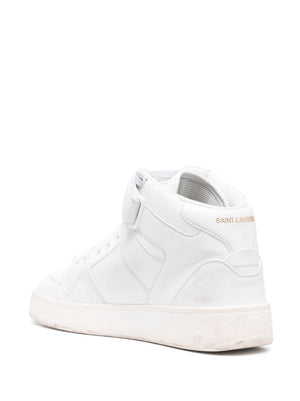 SAINT LAURENT Optical White Leather Sneakers with Gold-Tone Logo Lettering for Men