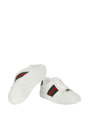 GUCCI Men's White Low-Top Leather Sneakers with Contrasting Heel and Green-Red-Green Web Detail