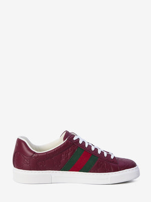 GUCCI Ace Leather Sneakers in Red with Iconic Web Detail, 3cm Height