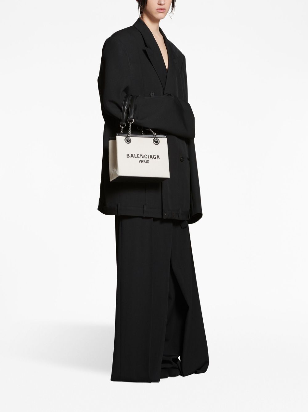 BALENCIAGA Small Duty-Free Canvas Tote with Leather Accents and Chain-Link Handles