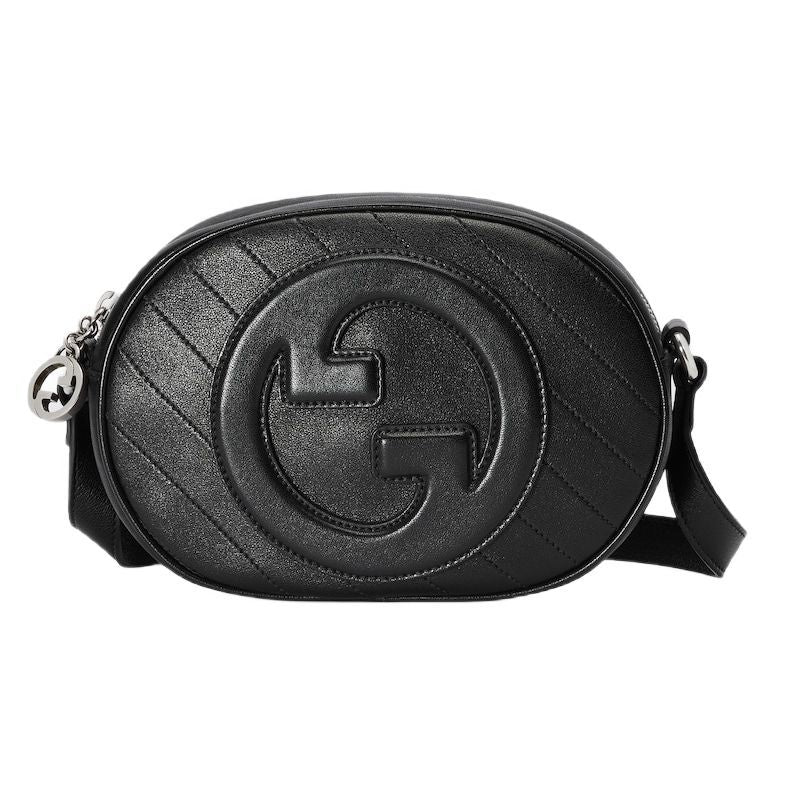 GUCCI Black Leather Mini Shoulder Bag with Round Interlocking G Patch, Adjustable Strap - 20x15x8 cm