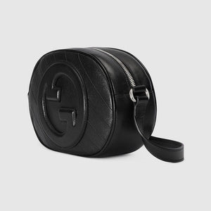 GUCCI Black Leather Mini Shoulder Bag with Round Interlocking G Patch, Adjustable Strap - 20x15x8 cm