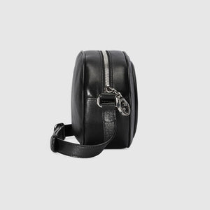 GUCCI Black Leather Mini Shoulder Bag with Round Interlocking G Patch, Adjustable Strap - 20x15x8 cm