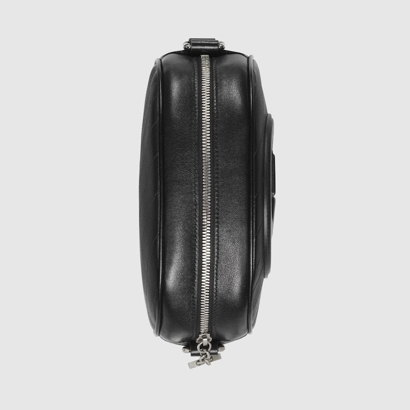 GUCCI Black Leather Mini Shoulder Bag with Round Interlocking G Patch, Adjustable Strap - 20x15x8 cm