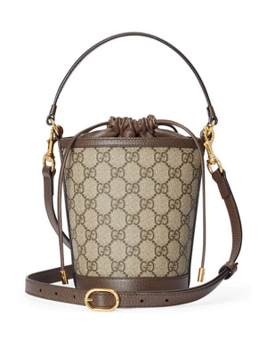 GUCCI Tan Mini Bucket Crossbody Handbag with Golden Accents and Brown Leather Trims, 11.5x20x8cm