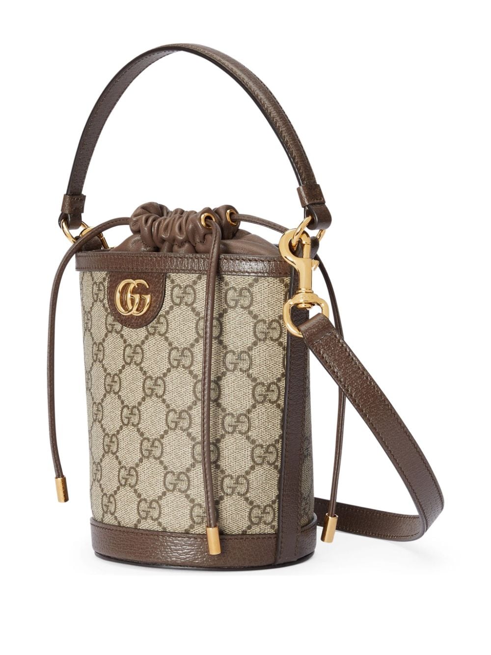 GUCCI Tan Mini Bucket Crossbody Handbag with Golden Accents and Brown Leather Trims, 11.5x20x8cm