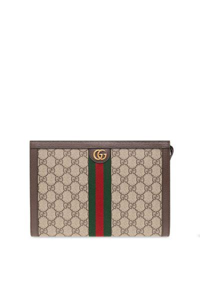 GUCCI Designer Tan GG Pouch for Men: OPHIDIA Clutch with Gold-Tone Double G