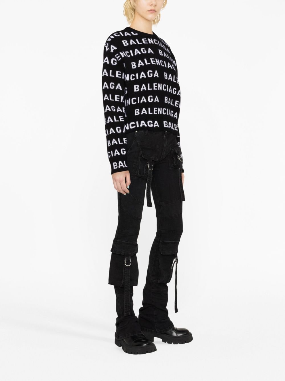 BALENCIAGA Intarsia Logo Wool Cropped Sweater for Women