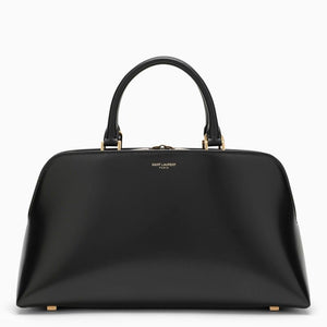 SAINT LAURENT Small Shiny Black Leather Duffle Handbag with Bronze Metal Accents and Adjustable Strap for Women