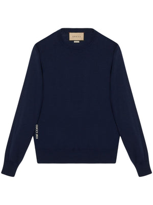 GUCCI Navy Ribbed Knit Crewneck Sweater for Men – 100% Wool and Polyester Blend