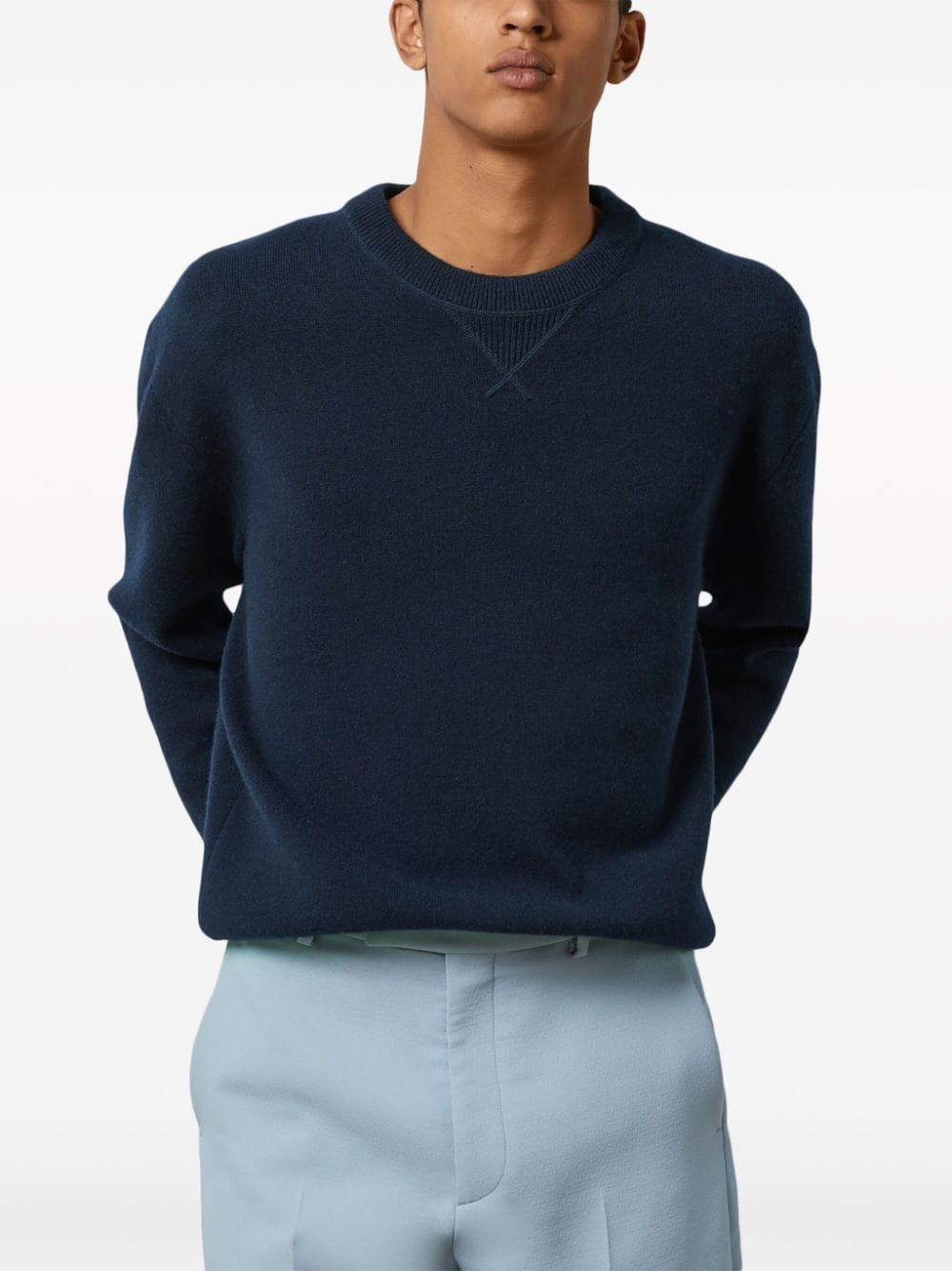 GUCCI Navy Ribbed Knit Crewneck Sweater for Men – 100% Wool and Polyester Blend