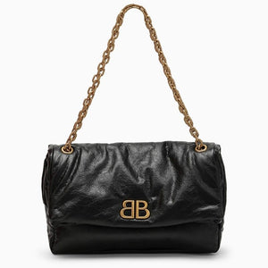 BALENCIAGA Black Monaco Medium Chain Shoulder Bag in Calfskin with Antique-Gold Hardware, 32.5x22x9.9 cm