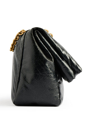 BALENCIAGA Elegant Small Black Leather Shoulder Bag with Gold-Tone Hardware and Sliding Chain Strap (11”x7”x4”)