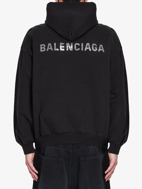 BALENCIAGA Rhinestone Logo Cotton Hoodie