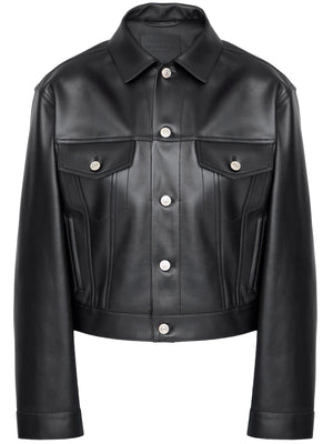 BALENCIAGA Black Leather Jacket with Shirt Collar and Button Closure for Women