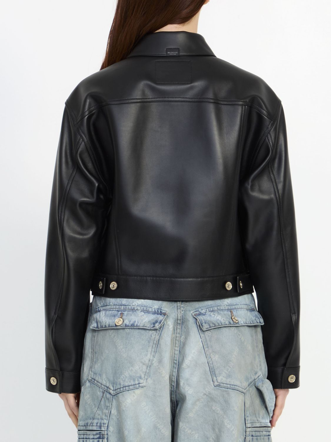 BALENCIAGA Black Leather Jacket with Shirt Collar and Button Closure for Women