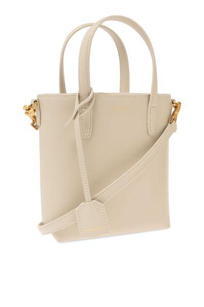 SAINT LAURENT Mini Cream Lambskin Leather Shopping Bag with Cassandre Charm and Shoulder Strap, 18x17x8cm