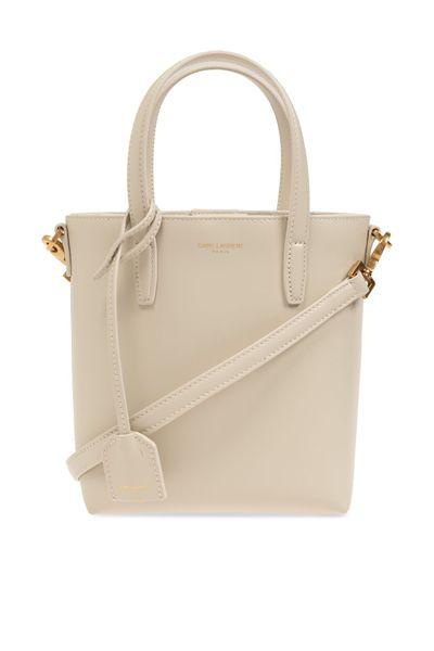 SAINT LAURENT Mini Cream Lambskin Leather Shopping Bag with Cassandre Charm and Shoulder Strap, 18x17x8cm