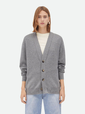 BOTTEGA VENETA Luxurious Gray Cashmere Cardigan with Leather Patches